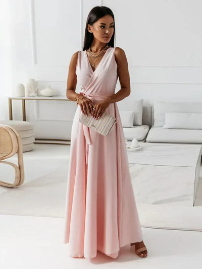 Elise - langes ärmelloses Kleid mit V-Ausschnitt und Taillenband für einen raffinierten und stilvollen Look