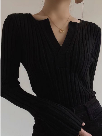 Gerippter Pullover - Langarm - Gestrickt - Pullover mit V-Ausschnitt - Damenbekleidung