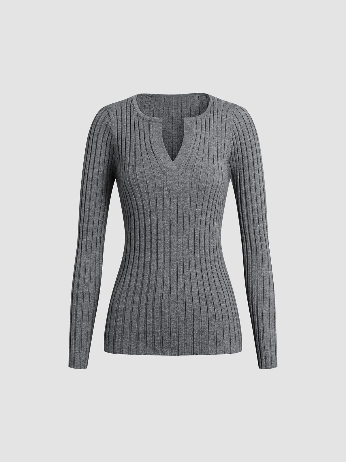Gerippter Pullover - Langarm - Gestrickt - Pullover mit V-Ausschnitt - Damenbekleidung