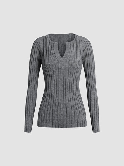 Gerippter Pullover - Langarm - Gestrickt - Pullover mit V-Ausschnitt - Damenbekleidung