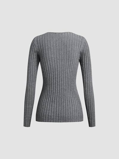 Gerippter Pullover - Langarm - Gestrickt - Pullover mit V-Ausschnitt - Damenbekleidung