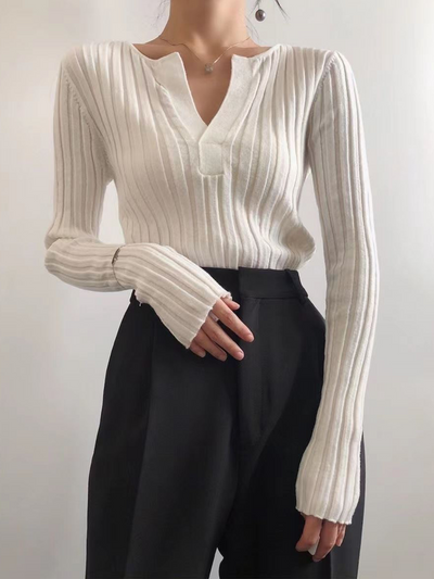 Gerippter Pullover - Langarm - Gestrickt - Pullover mit V-Ausschnitt - Damenbekleidung