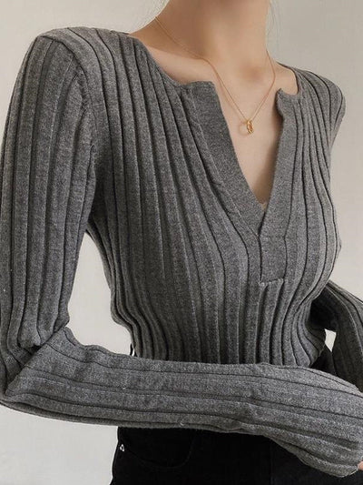Gerippter Pullover - Langarm - Gestrickt - Pullover mit V-Ausschnitt - Damenbekleidung