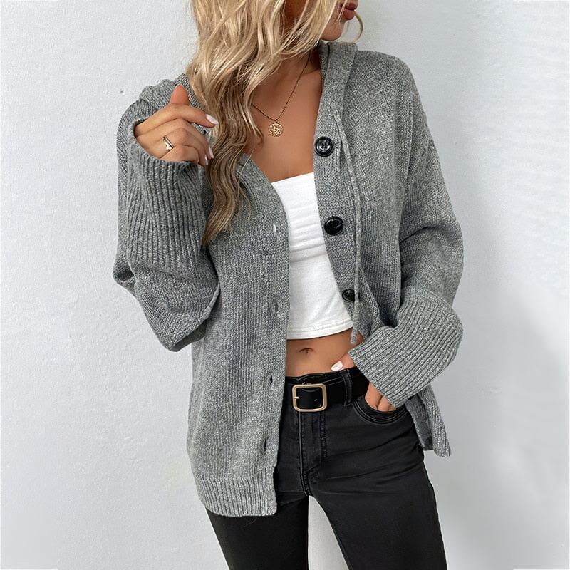Gestrickte Strickjacke | Warm | Mit Kapuze | Mit Knöpfen | Damenjacke