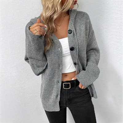 Gestrickte Strickjacke | Warm | Mit Kapuze | Mit Knöpfen | Damenjacke