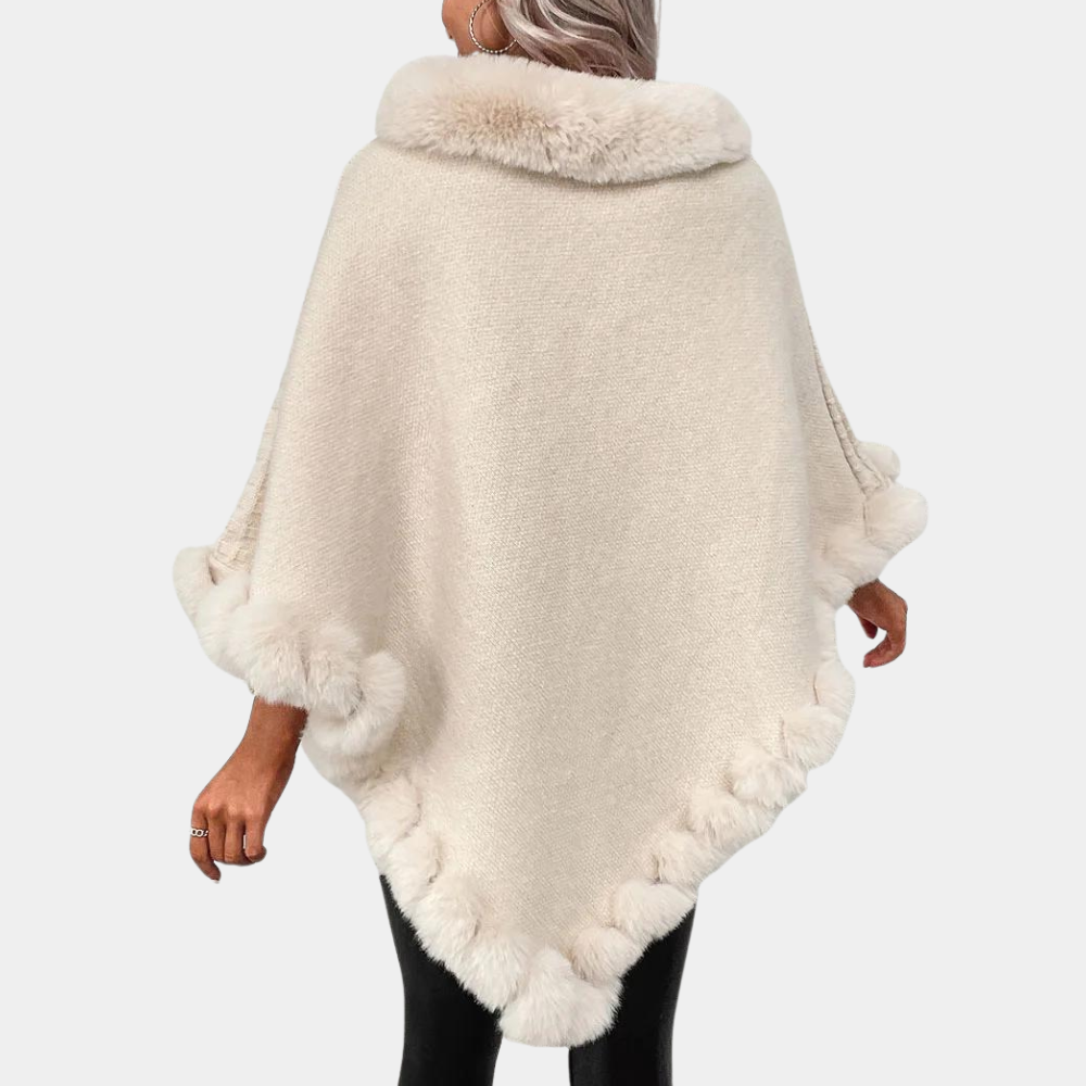 Gestrickter Poncho – Warmer, Hellbeiger Poncho-Pullover aus Kunstpelz für Damen