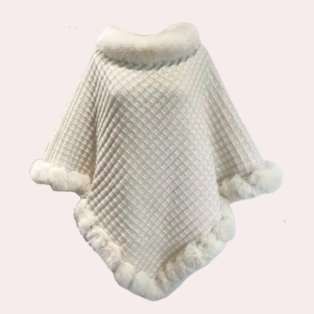 Gestrickter Poncho – Warmer, Hellbeiger Poncho-Pullover aus Kunstpelz für Damen