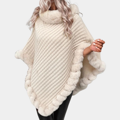 Gestrickter Poncho – Warmer, Hellbeiger Poncho-Pullover aus Kunstpelz für Damen