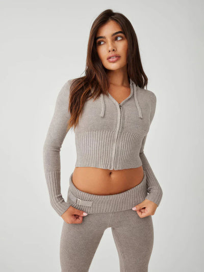 Gestricktes Loungewear-Set - Damen-Zip Zweiteiliges Set aus Strickjacke und Strickhose