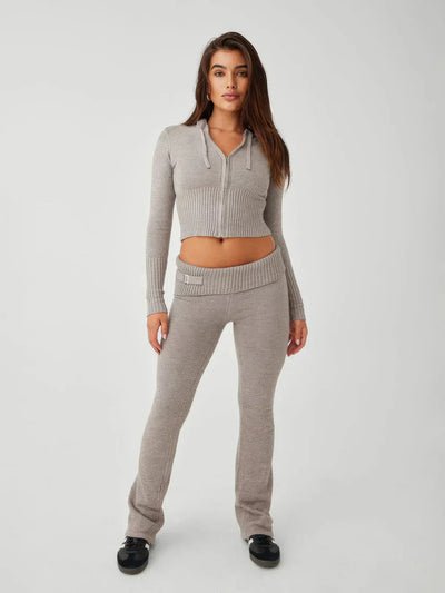 Gestricktes Loungewear-Set - Damen-Zip Zweiteiliges Set aus Strickjacke und Strickhose