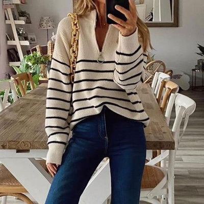 Halber Reißverschluss-Pullover - Gestrickt - Gestreift - Pullover-Pullover - Damenstrickwaren