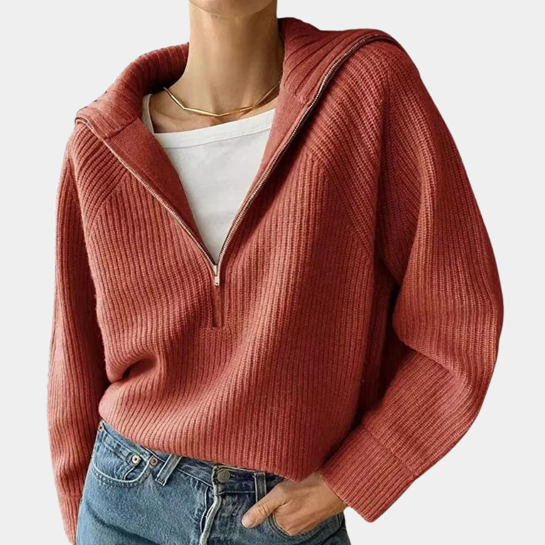 Half-Zip Pullover - Loose Fit - V-Ausschnitt - Strickpullover - Damen Winterkleidung