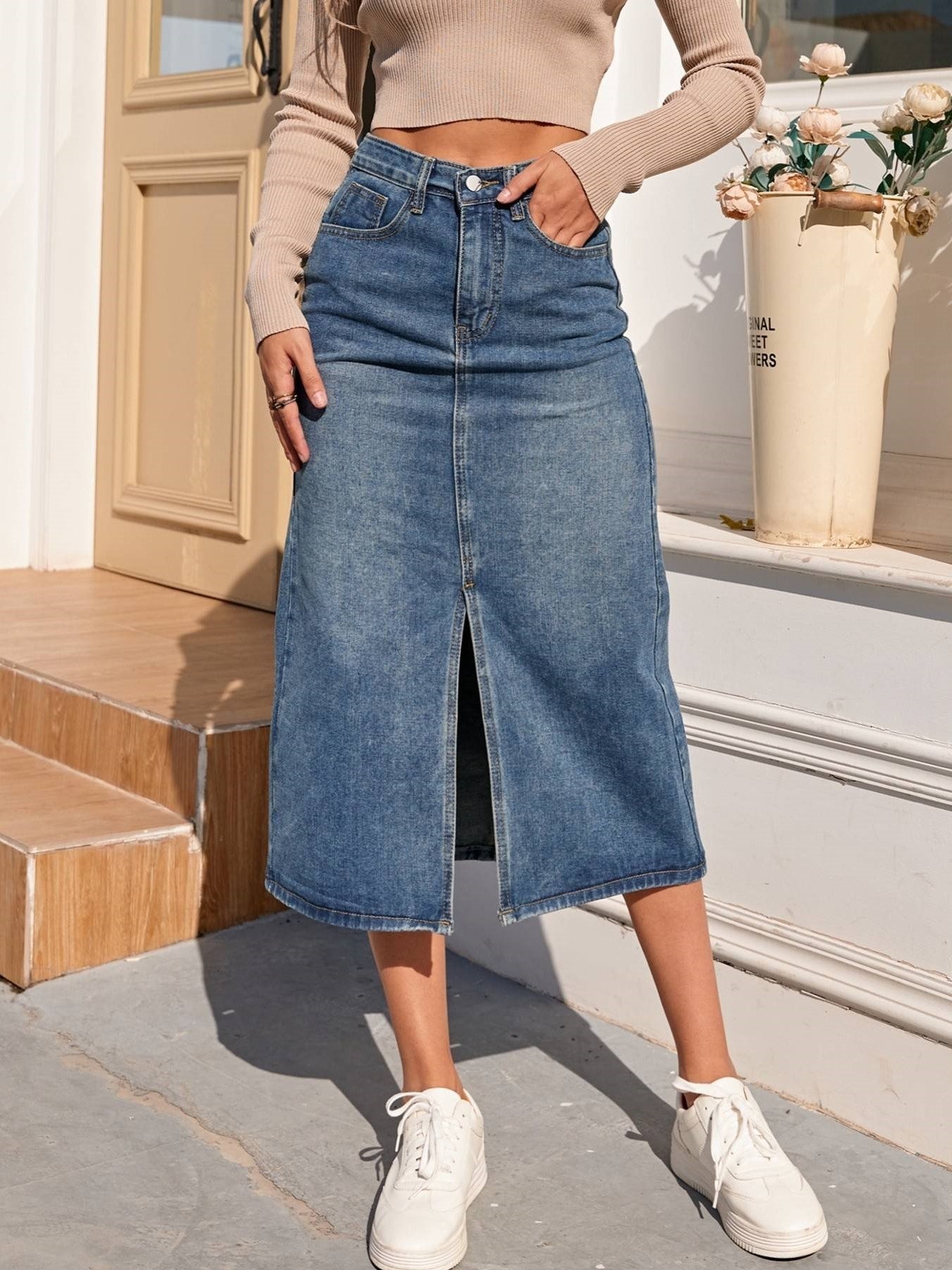 Jeansrock | Hochgeschnitten | Schlitz | Bleistiftrock | Midirock