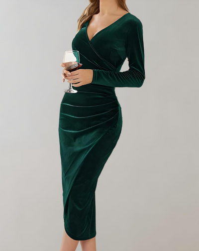 Amara - luxuriöses Wickelkleid aus Samt mit langen Ärmeln