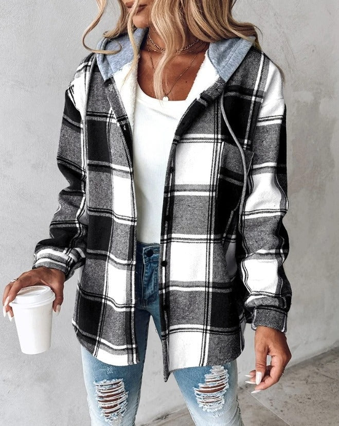 Kapuzenjacke | Fleece gefüttert | Winter | Karierte Jacke | Damen-Overshirt