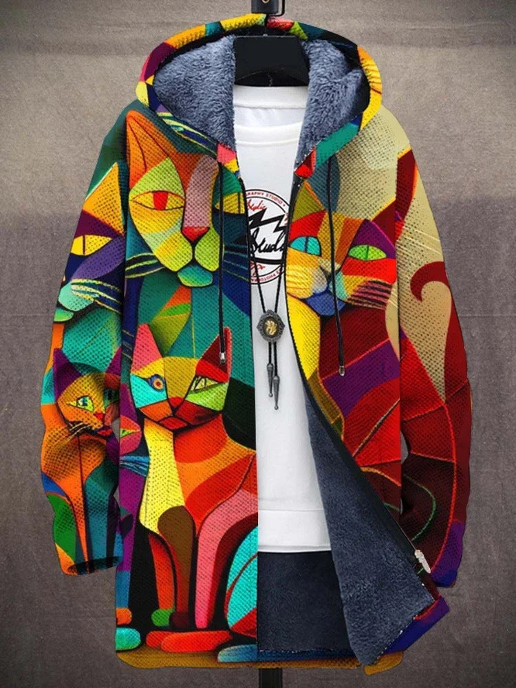 Kapuzenjacke – farbenfrohe, bedruckte Fleecejacke mit Kapuze für Herren für den Winter