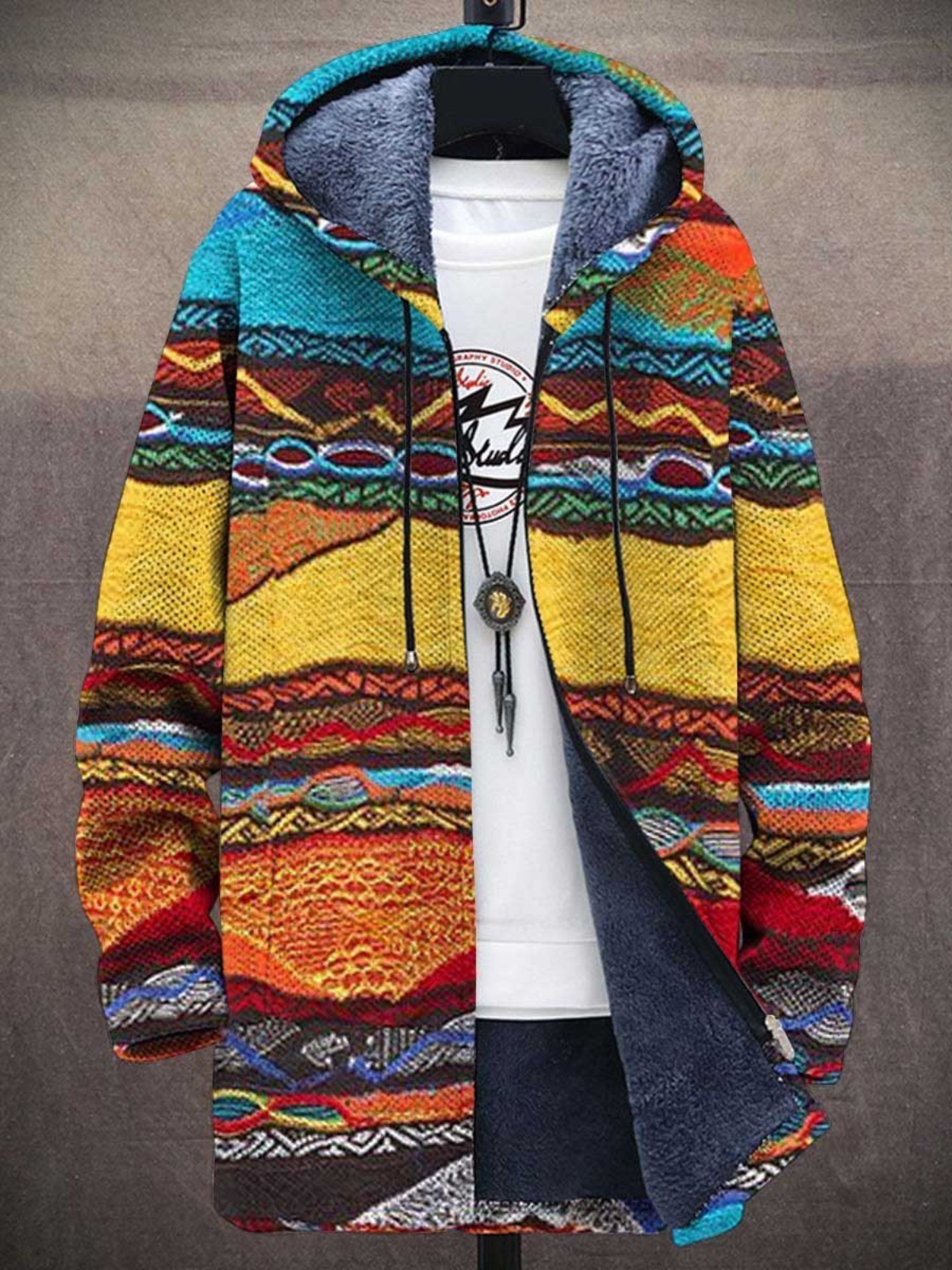 Kapuzenjacke – farbenfrohe, bedruckte Fleecejacke mit Kapuze für Herren für den Winter