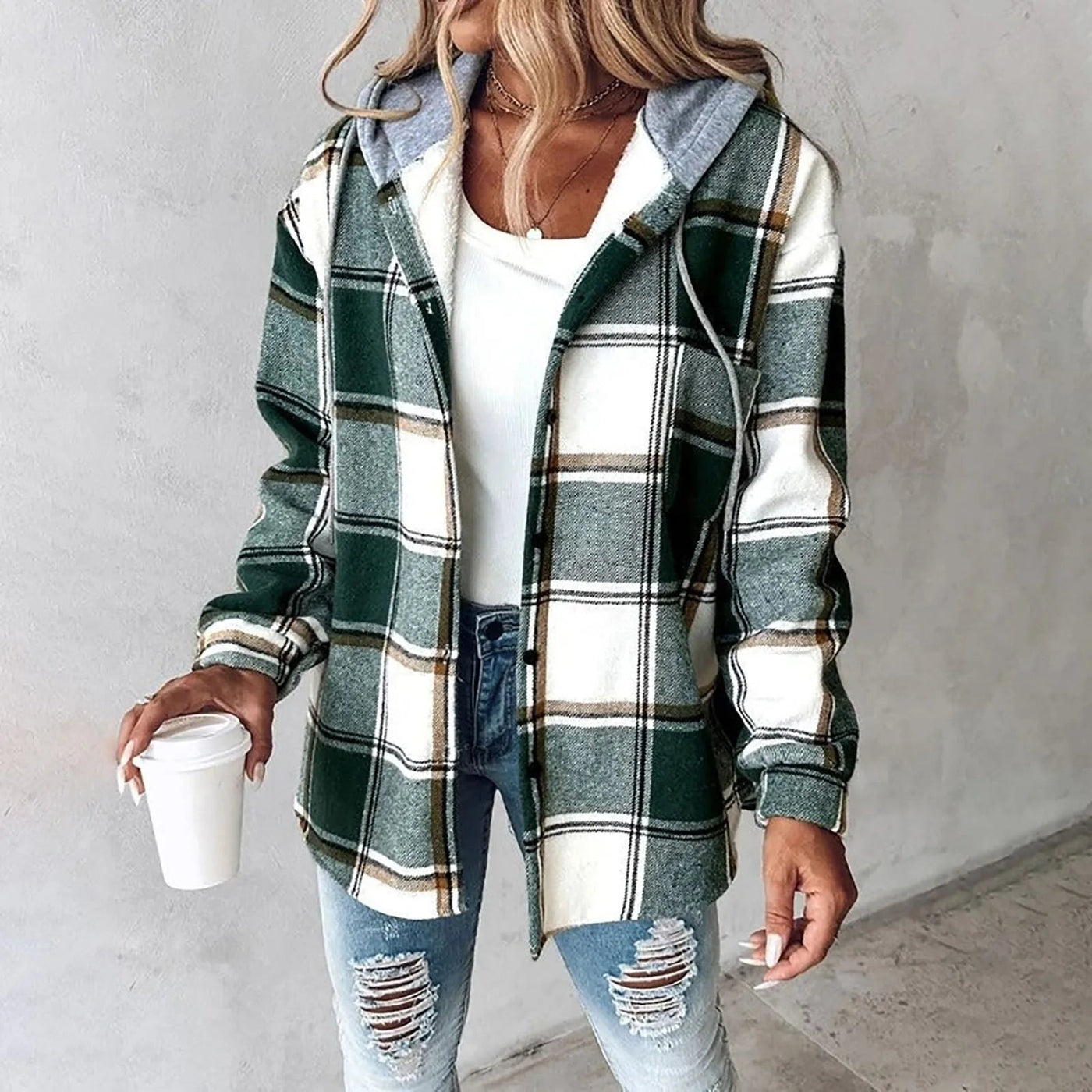 Kapuzenjacke – kariertes, mit Fleece gefüttertes Damen-Overshirt für den Herbst