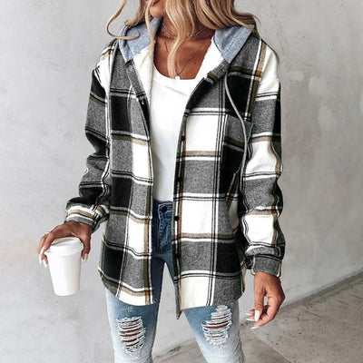 Kapuzenjacke – kariertes, mit Fleece gefüttertes Damen-Overshirt für den Herbst