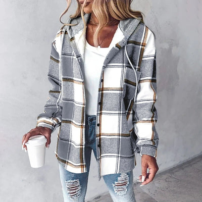 Kapuzenjacke – kariertes, mit Fleece gefüttertes Damen-Overshirt für den Herbst