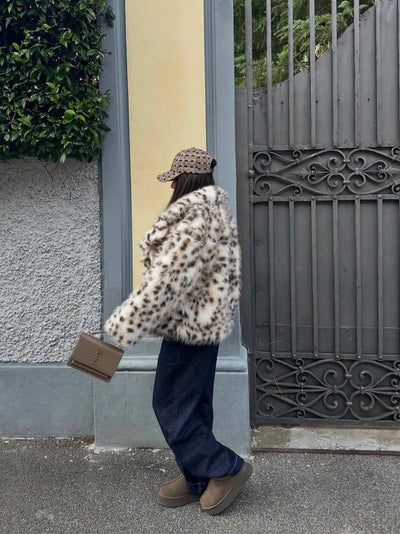 Kunstfelljacke - Leopard - Kurz - Flauschige Jacke - Damen Winterjacke