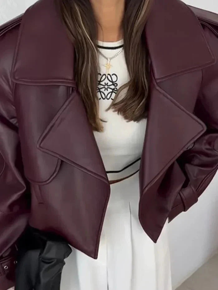Kunstlederjacke – Kunstleder – Biker – Burgunderrote Lederjacke – Damenlederjacke
