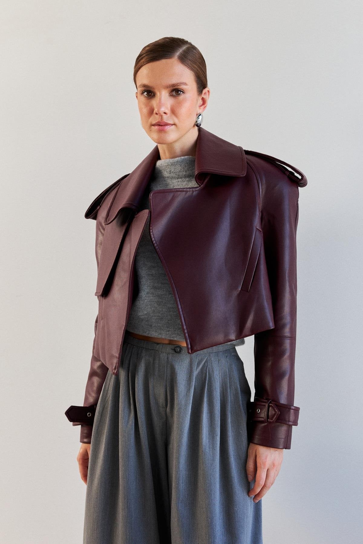 Kunstlederjacke – Kunstleder – Biker – Burgunderrote Lederjacke – Damenlederjacke