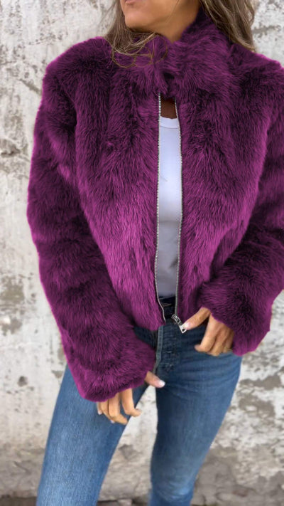 Kunstpelzjacke – kurz – mit Reißverschluss – flauschige Damenjacke – Kunstpelz-Damenmäntel