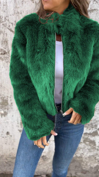 Kunstpelzjacke – kurz – mit Reißverschluss – flauschige Damenjacke – Kunstpelz-Damenmäntel