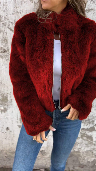 Kunstpelzjacke – kurz – mit Reißverschluss – flauschige Damenjacke – Kunstpelz-Damenmäntel