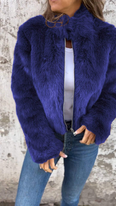 Kunstpelzjacke – kurz – mit Reißverschluss – flauschige Damenjacke – Kunstpelz-Damenmäntel