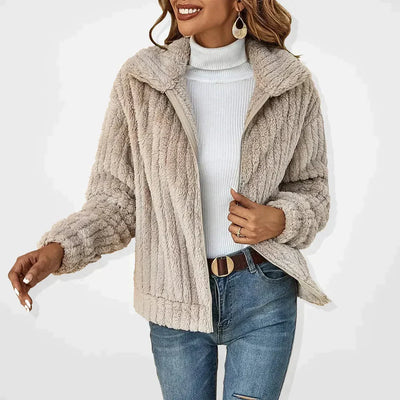 Kunstpelzjacke – lässige Damen-Fuzzy-Herbstjacke mit Reißverschluss