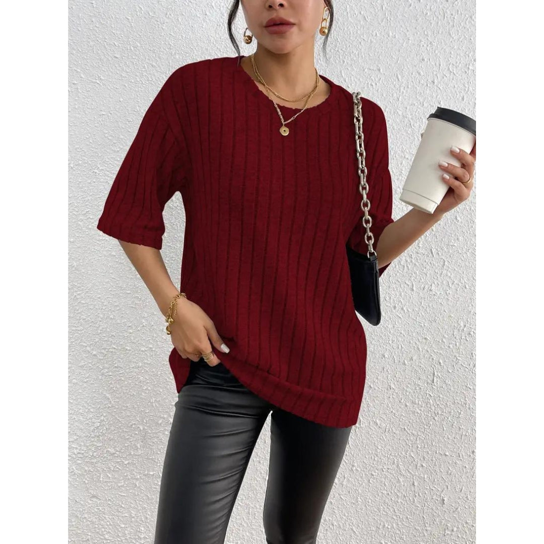 Kurzarm-Pullover – lockere Passform – gerippt – Oversize – Damenbekleidung