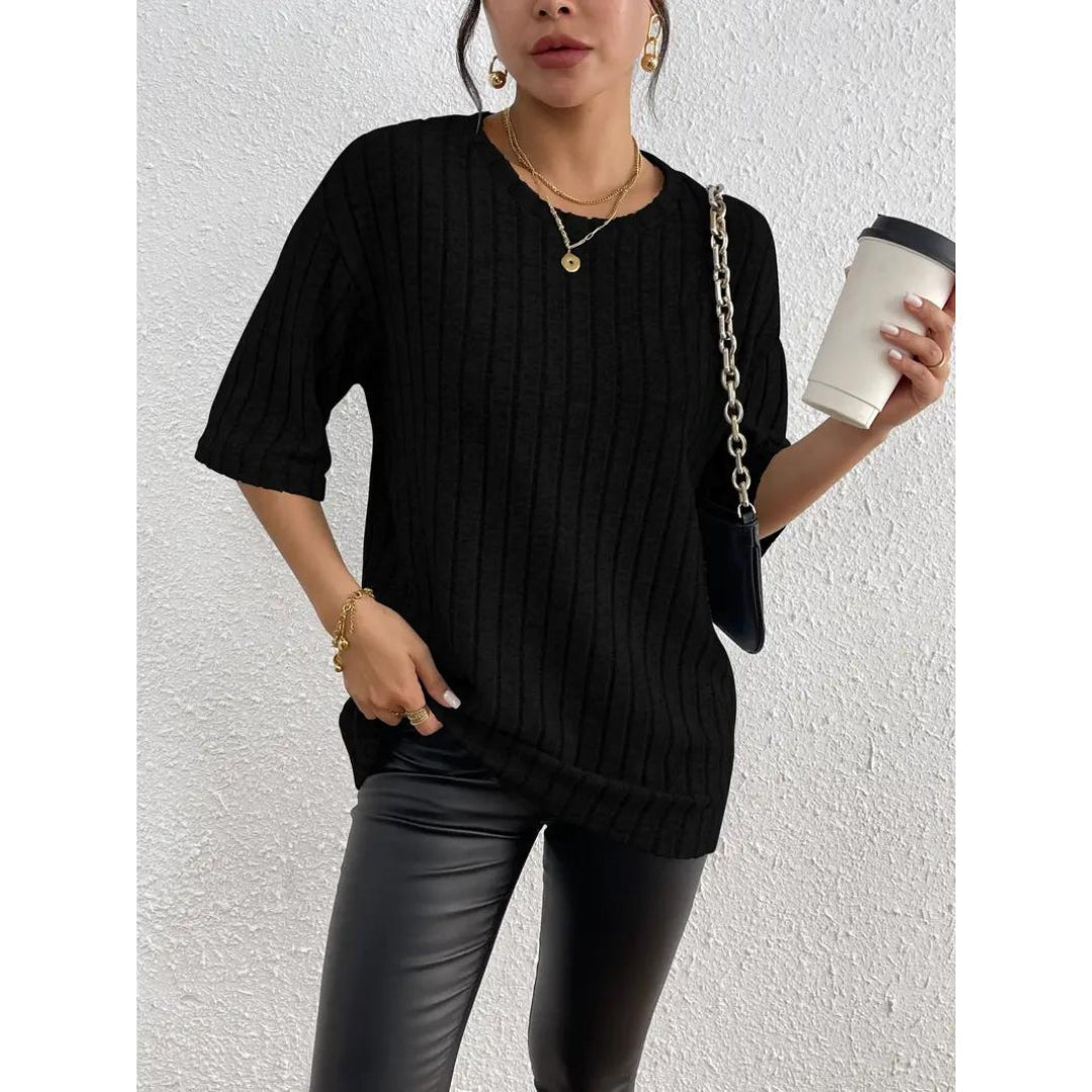 Kurzarm-Pullover – lockere Passform – gerippt – Oversize – Damenbekleidung