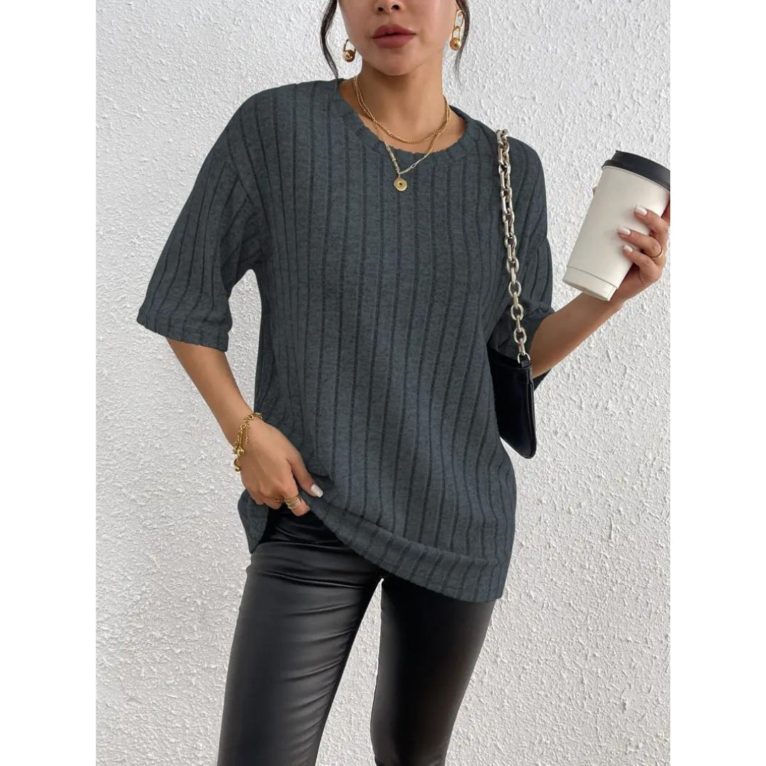 Kurzarm-Pullover – lockere Passform – gerippt – Oversize – Damenbekleidung