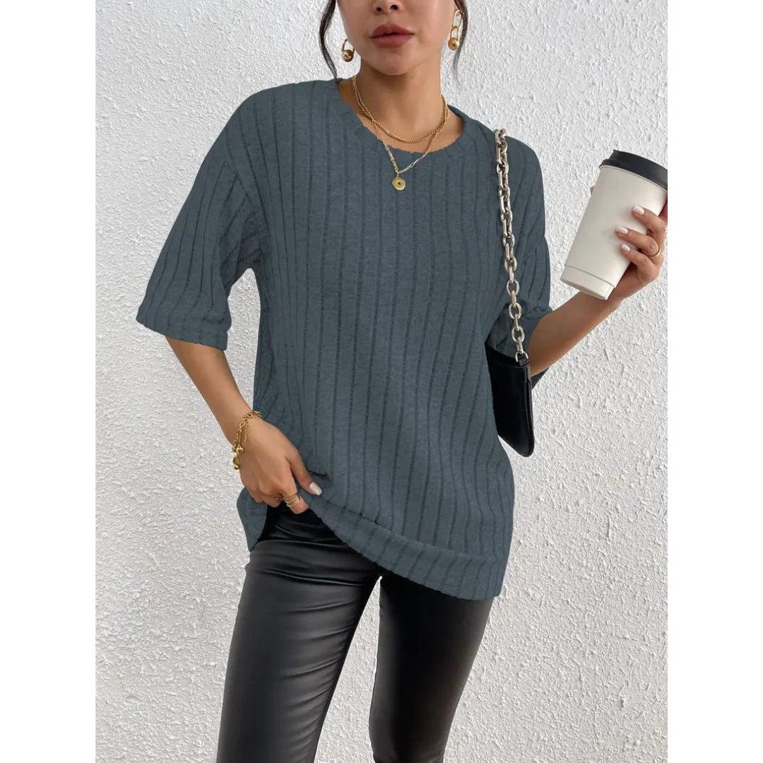 Kurzarm-Pullover – lockere Passform – gerippt – Oversize – Damenbekleidung