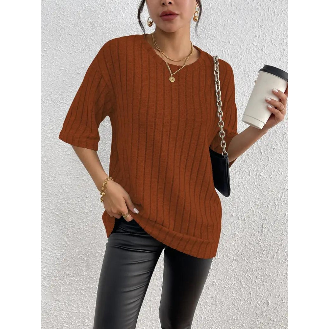 Kurzarm-Pullover – lockere Passform – gerippt – Oversize – Damenbekleidung