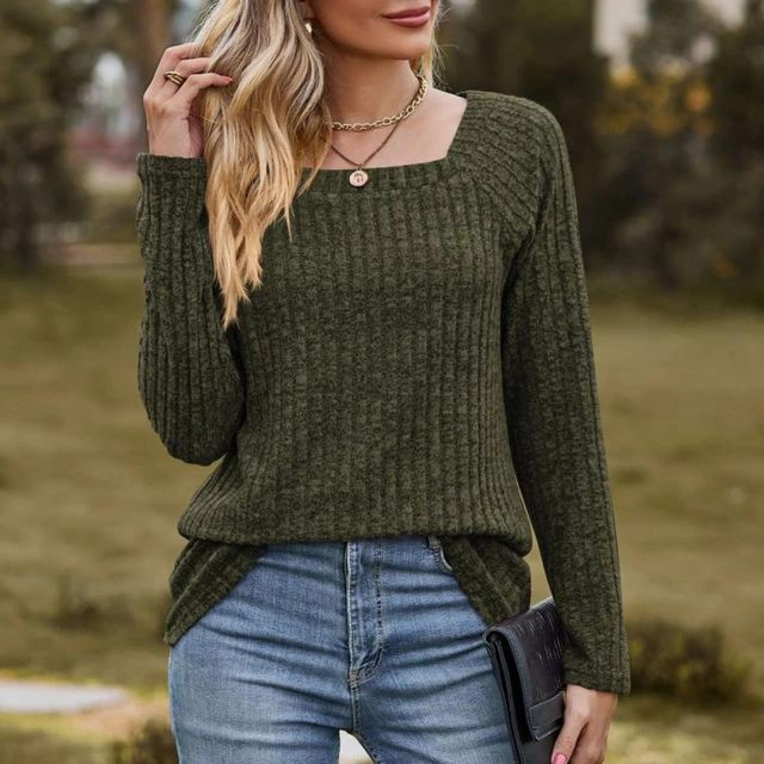Langarm-Oberteil | Gerippt | Viereckiger Ausschnitt | Pullover | Damenbekleidung
