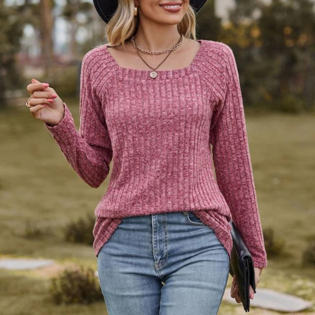 Langarm-Oberteil | Gerippt | Viereckiger Ausschnitt | Pullover | Damenbekleidung