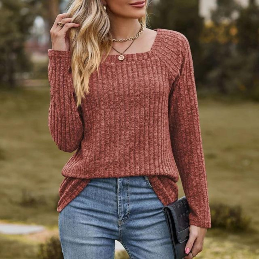 Langarm-Oberteil | Gerippt | Viereckiger Ausschnitt | Pullover | Damenbekleidung