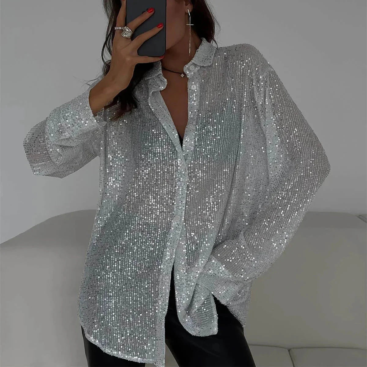 Langärmliges Pailletten-Glitzertop