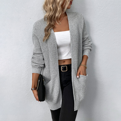 Lange Strickjacke – Damen-Strickjacke mit offener Vorderseite und Taschen
