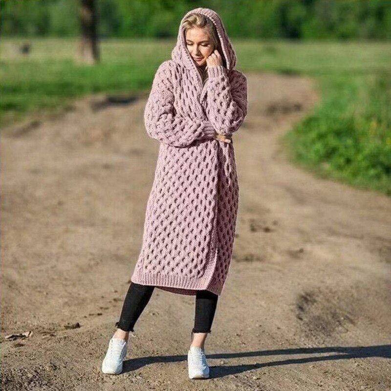 Lange Strickjacke - Offene warme Strickjacke mit Kapuze für Frauen