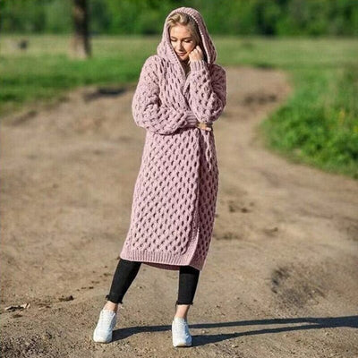 Lange Strickjacke - Offene warme Strickjacke mit Kapuze für Frauen