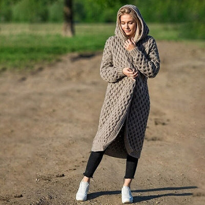 Lange Strickjacke - Offene warme Strickjacke mit Kapuze für Frauen