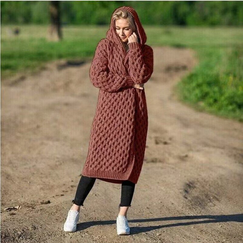 Lange Strickjacke - Offene warme Strickjacke mit Kapuze für Frauen