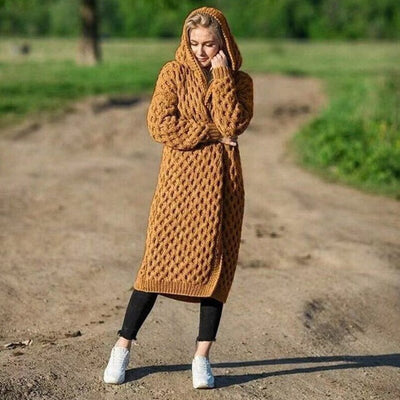 Lange Strickjacke - Offene warme Strickjacke mit Kapuze für Frauen