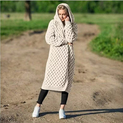 Lange Strickjacke - Offene warme Strickjacke mit Kapuze für Frauen