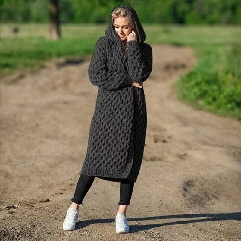 Lange Strickjacke - Offene warme Strickjacke mit Kapuze für Frauen