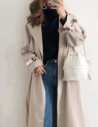 Langer Trenchcoat – wasserabweisender einreihiger Trenchcoat für Damen in Beige